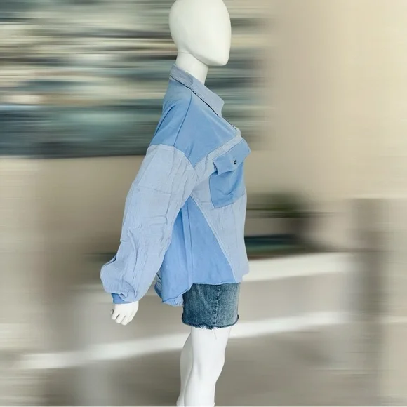 FANTASTIC FAWN oversized washed out light blue button front top Sz S M L - Picture 9 of 9